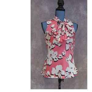 Nine West Pink White Black Floral Print Blouse XS